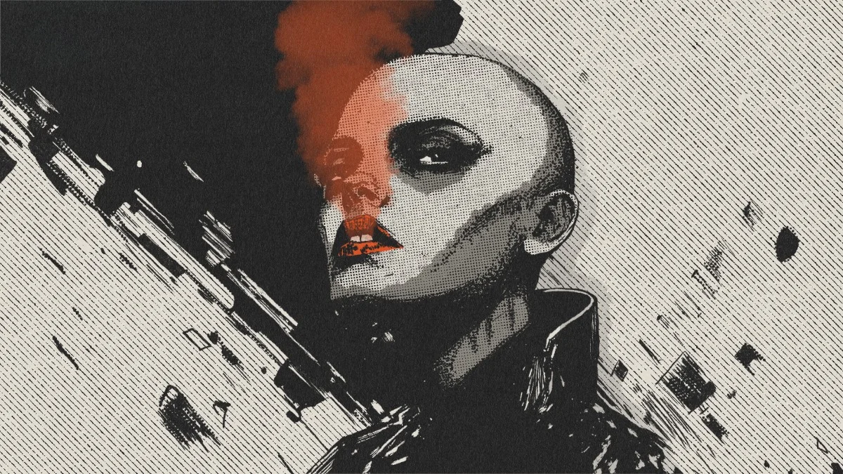 Illustration of a bald woman with orange smoke over her face, black and white halftone style