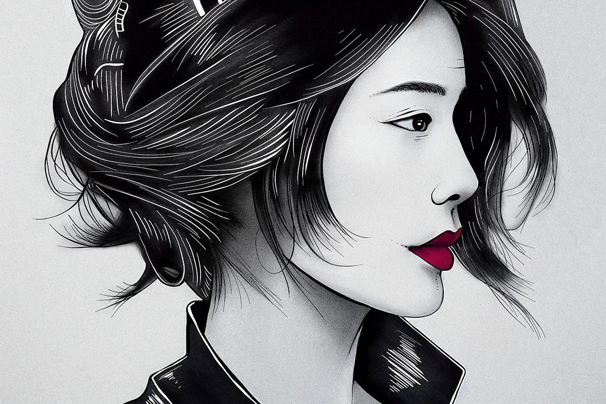 Black and white ink illustration of a woman with red lips in profile
