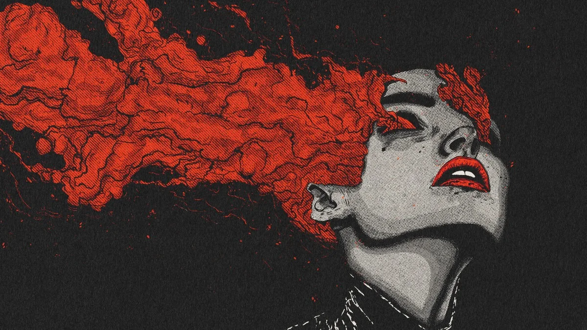 It's Burning Inside – illustration of a woman with red flames flowing from her head, MS Art series