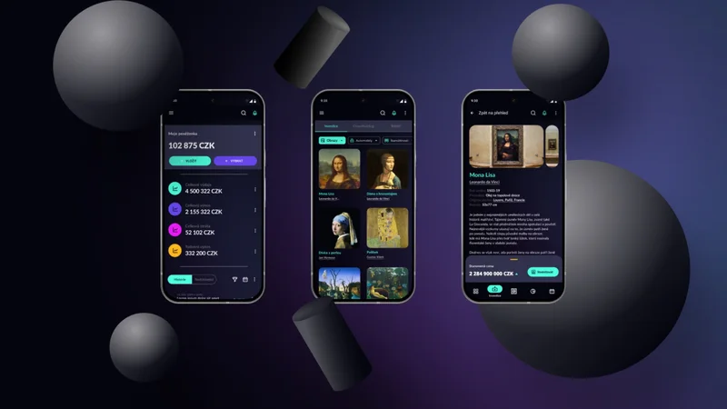 Dark mobile app UI design shown on three smartphones