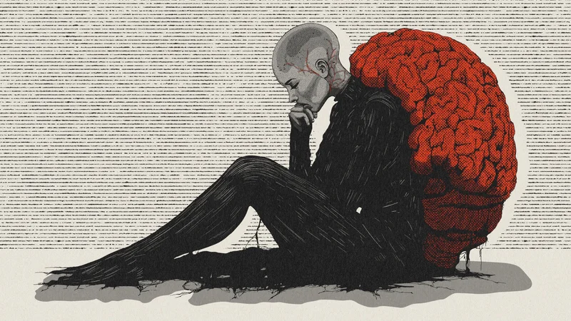 Adapting to the New Reality – a seated figure leaning on a giant brain, MS Art series