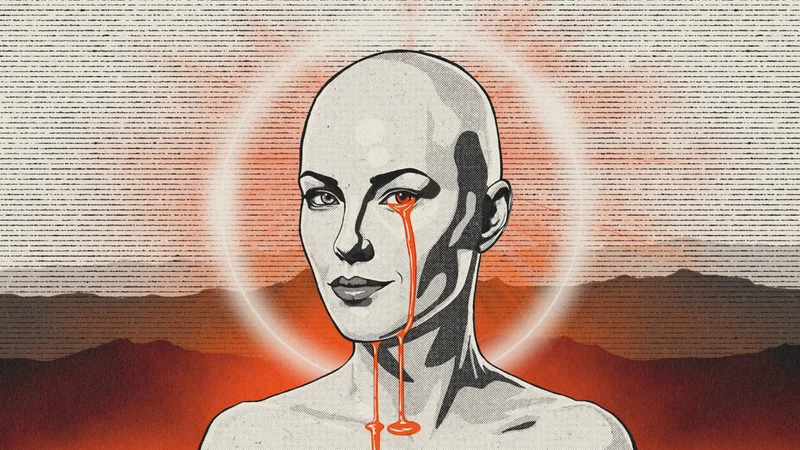 Illustration of a bald woman with a halo crying red tears, MS Art series