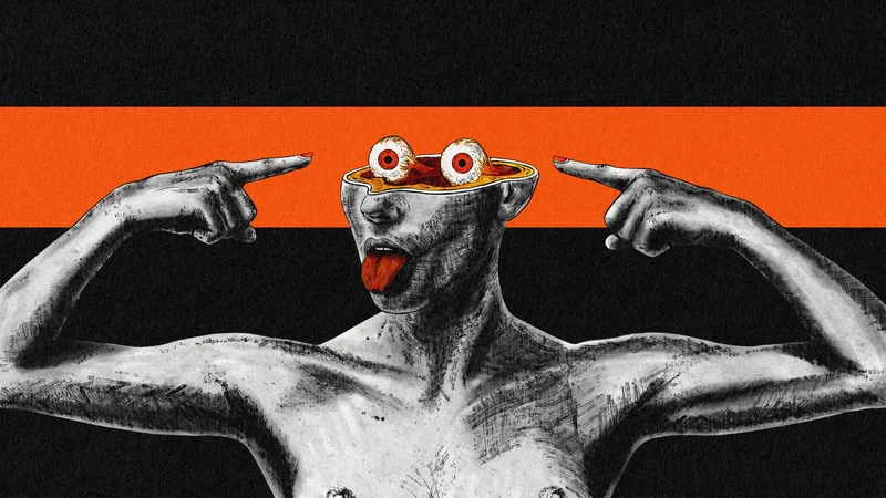 Illustration of a figure pointing at its own bulging eyes on an orange stripe, MS Art series