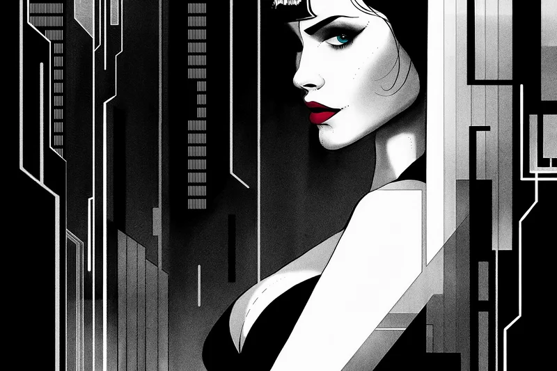 Black and white illustration of a woman in profile among futuristic towers