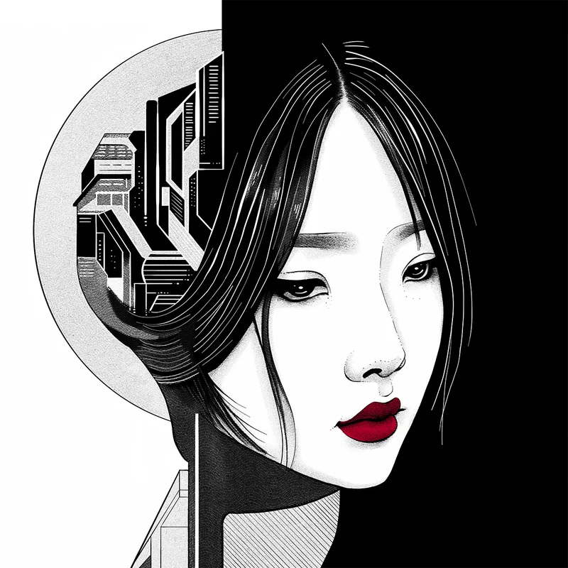 Manga-inspired illustration of a woman with long black hair and red lips beside a futuristic structure