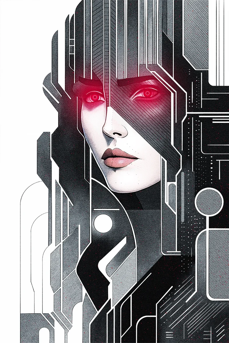Cyberpunk illustration of a woman with glowing red eyes framed by circuit shapes