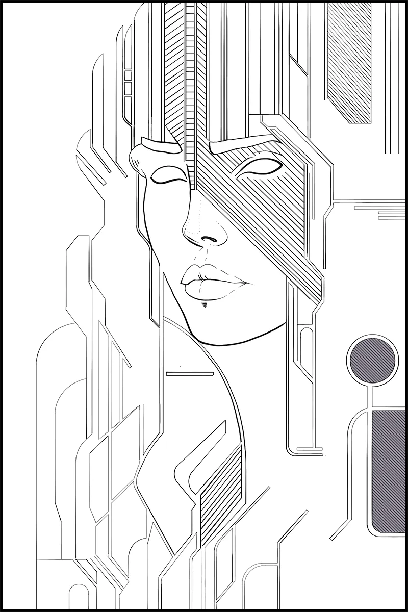 Line art sketch of a cyberpunk woman's face with circuit shapes