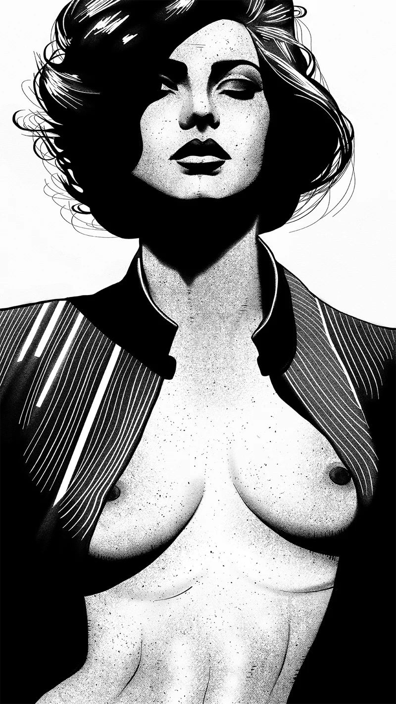 Black and white ink illustration of a topless woman in an open jacket