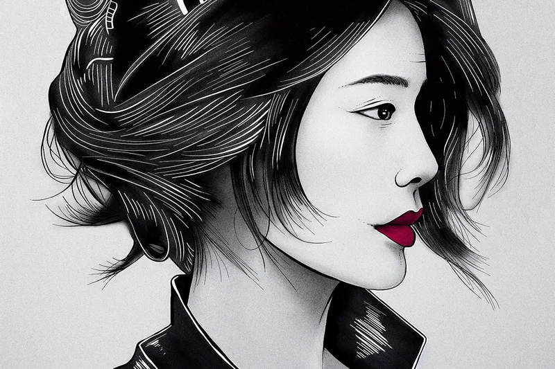 Black and white ink illustration of a woman with red lips in profile
