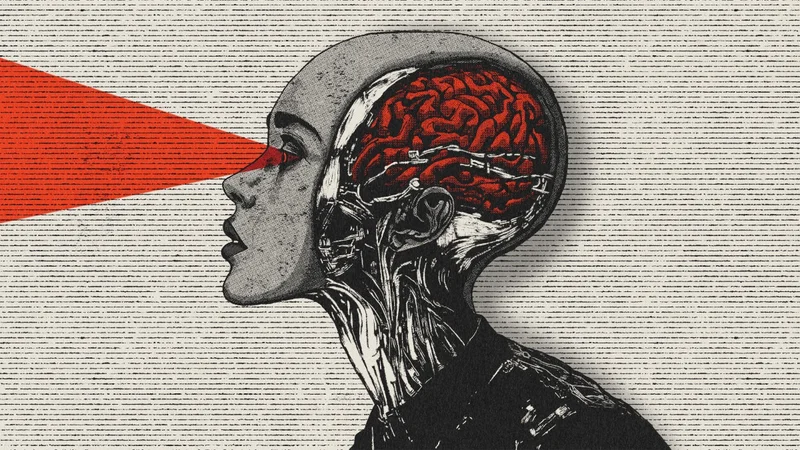Inside – profile of a head with an exposed brain and a red beam of light, MS Art series