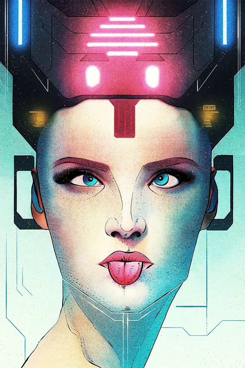 Colourful cyberpunk illustration of a woman in a neon helmet sticking out her tongue