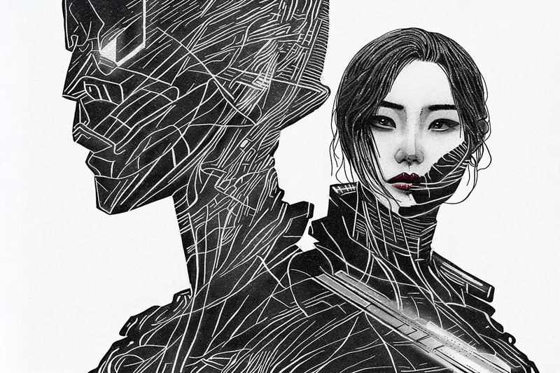Line art illustration of a woman beside a geometric dark figure