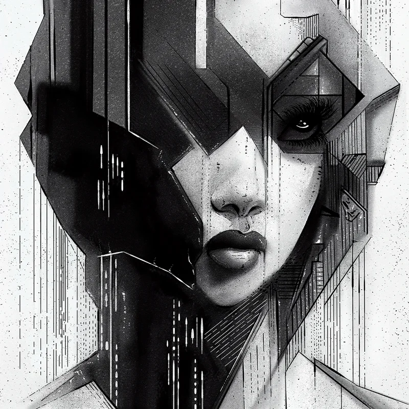 Black and white cyberpunk illustration of a woman's face fragmented by geometric shapes