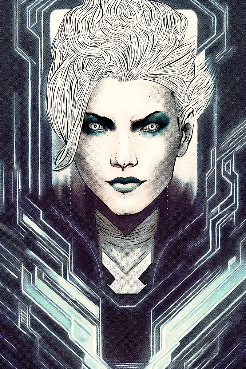 Cyberpunk illustration of a white-haired woman with blue eyes and circuit patterns