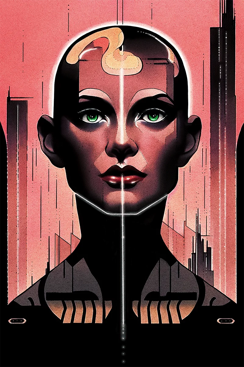 Retro-futuristic illustration of a bald figure with an open skull in pink and orange tones