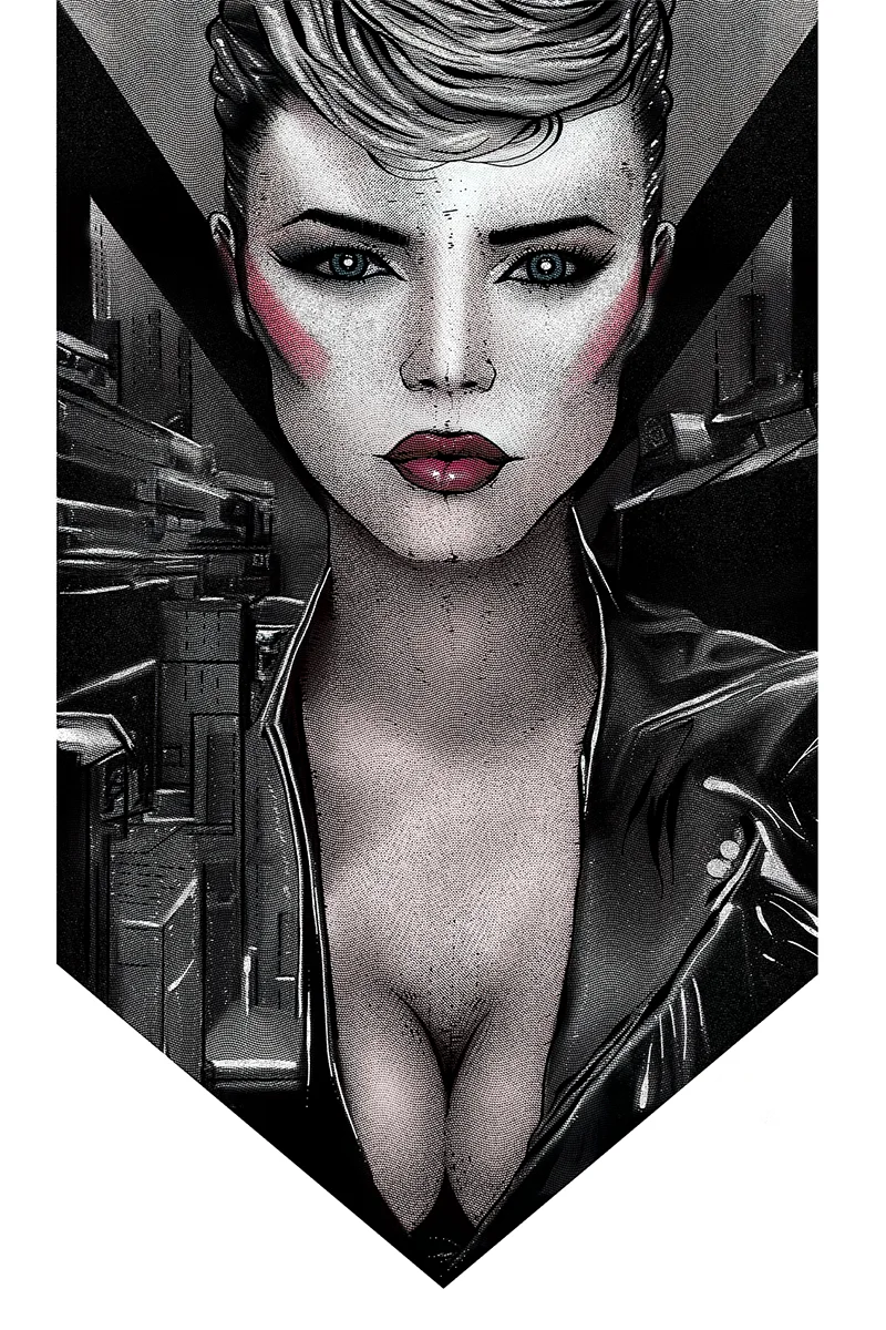 Cyberpunk illustration of a short-haired woman in a leather jacket against a city
