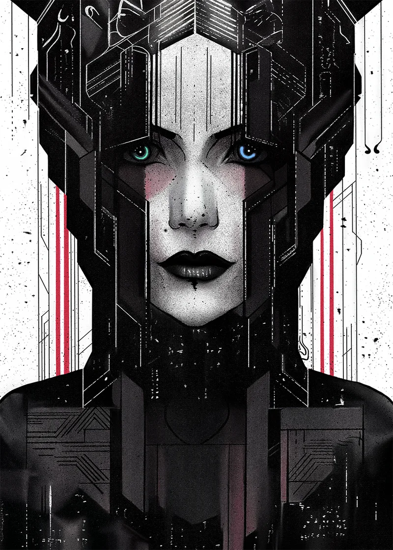 Dark cyberpunk illustration of a woman's face framed by a mechanical headpiece