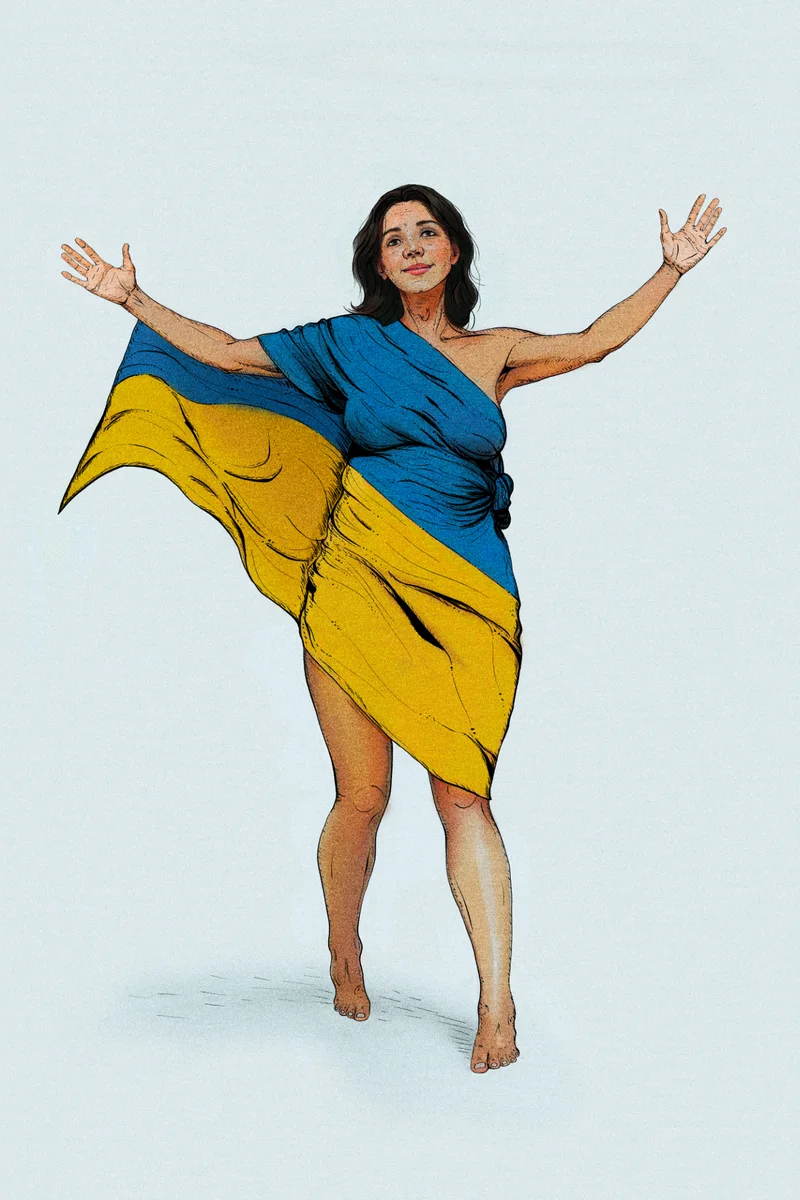 Illustration of a woman wrapped in the blue and yellow Ukrainian flag with arms raised