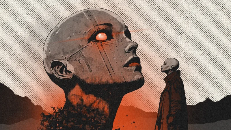 Illustration of a giant bald head with a glowing eye looking at a small figure, MS Art series