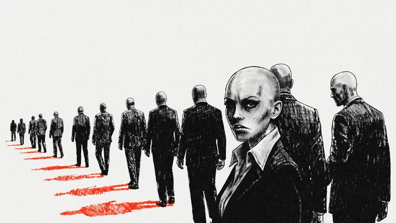 One of the Crowd, Yet Different – a line of men in suits and one woman looking back, MS Art series