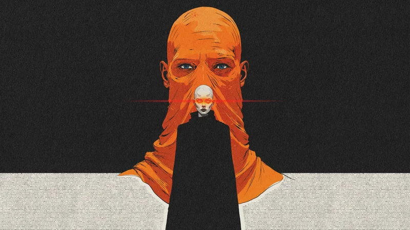 She and I – illustration of an orange figure holding a small pale face, MS Art series