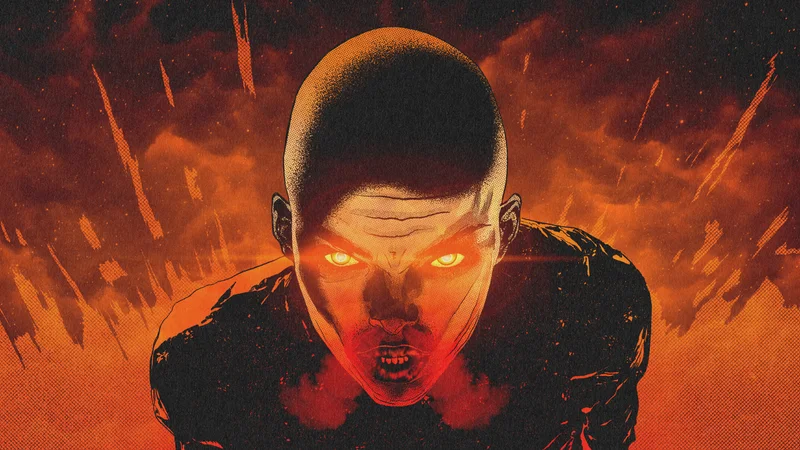 She – illustration of a figure with burning eyes surrounded by red fire, MS Art series