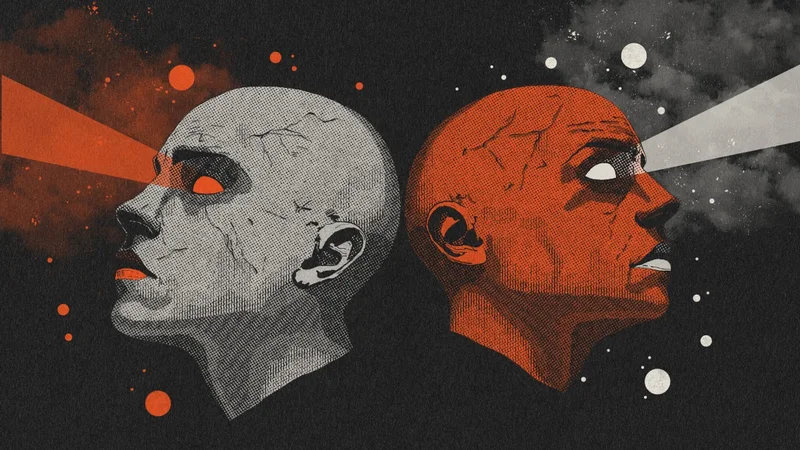 Two Souls Intertwined in One Form – two heads with light beams from their eyes, MS Art series