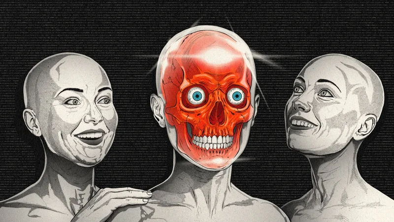 We Are the Same Inside – illustration of two smiling bald women and a red skull, MS Art series