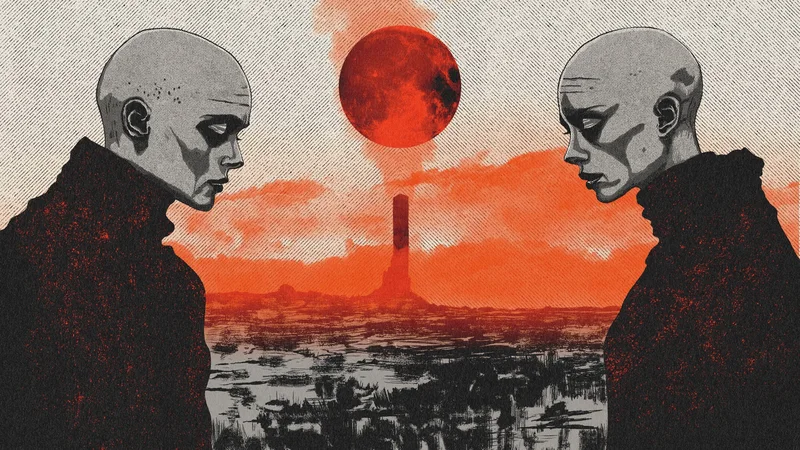 We're in This Together – two bald figures facing each other under a red moon, MS Art series