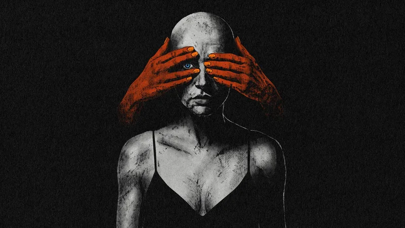 Who Is It – illustration of a woman covering her eyes with red hands, MS Art series